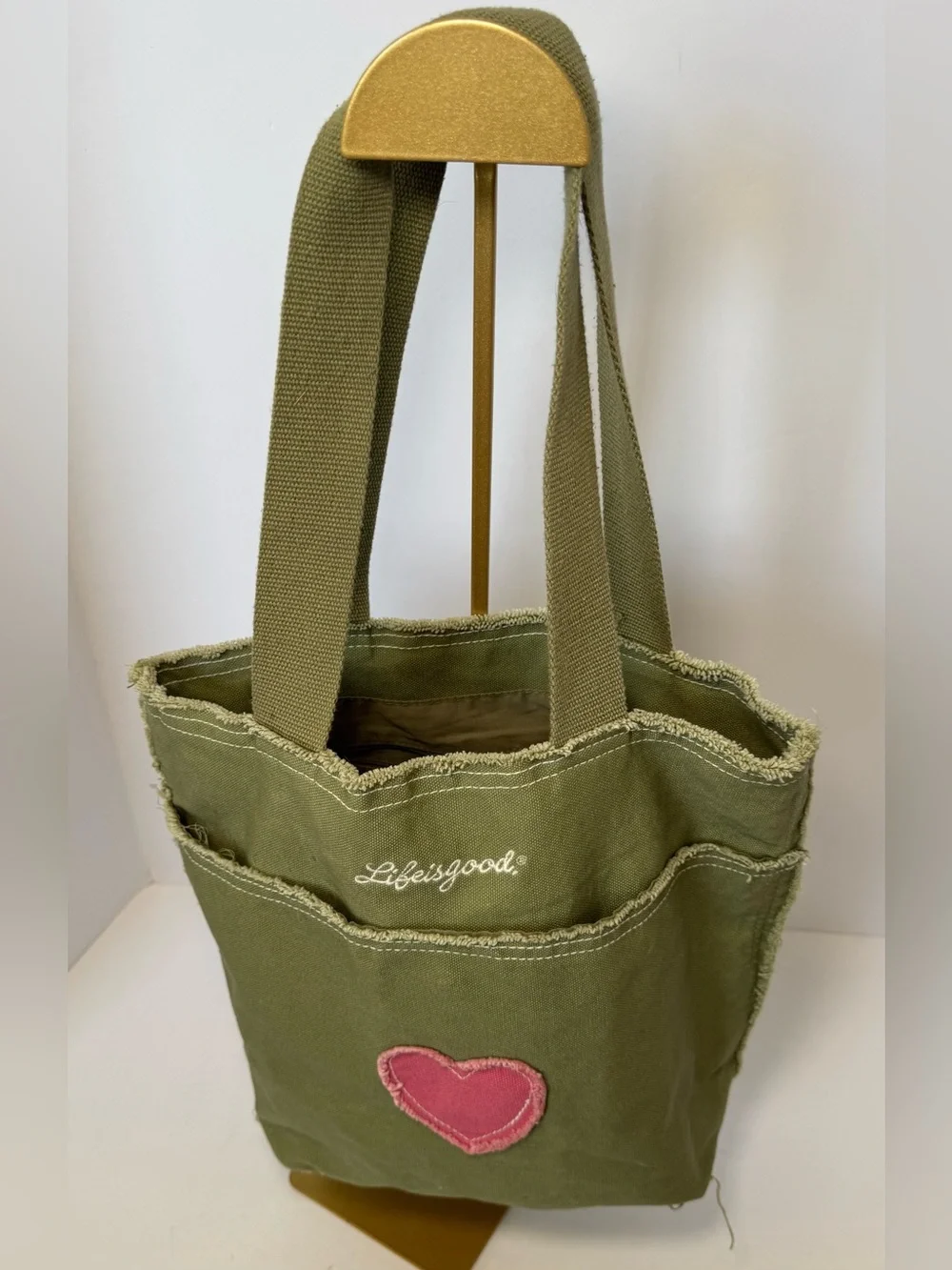 Life is Good Olive Canvas Frayed Heart Tote